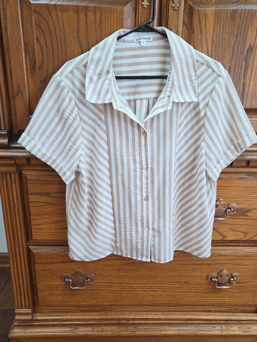 kathy ireland Beige and White Striped Short-Sleeve Button-Up Shirt